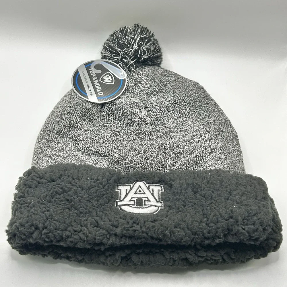 Auburn Tigers Top of the World Heather Sherpa Beanie Hat Cap Gray Pom Knit Cuff